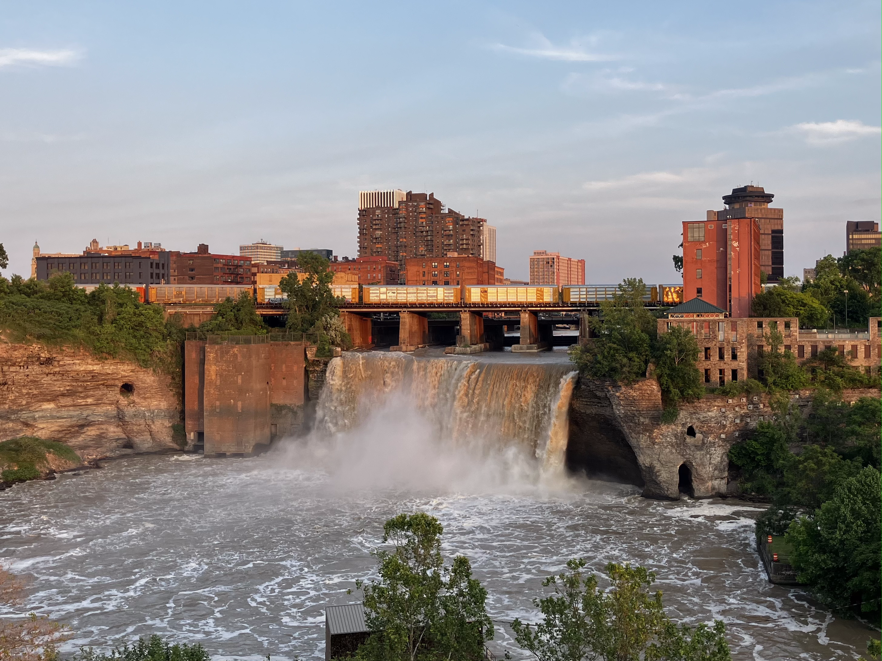 High Falls with a train passing by.